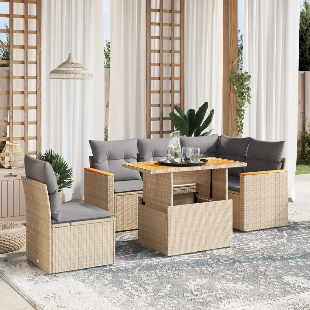 Set divano da giardino 6 pz con cuscini beige in polyrattan