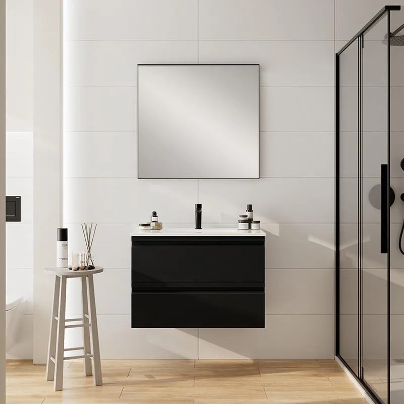 Mobile Pull L80 H55 P45 grafite opaco laccato 2 cassetti a chiusura ammortizzata e lavabo in mineralmarmo grafite, piedini non inclusi