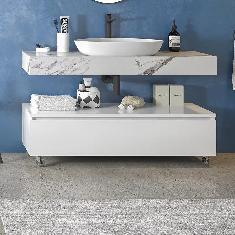 Kamalu - composizione bagno 120 cm con mobile a terra e mensolone effetto marmo | kam-kk1203m