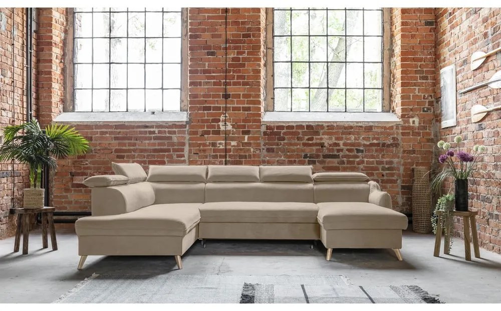 Divano letto angolare in velluto beige a "U" (angolo sinistro) Sweet Harmony - Miuform