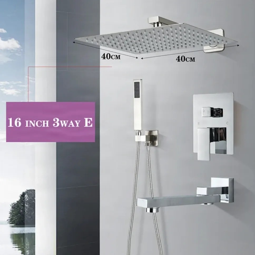 Pannello doccia da incasso EYN PT04042 in ottone con LED, getti multipli e più finiture — Senza uscita inferiore — 30 cm