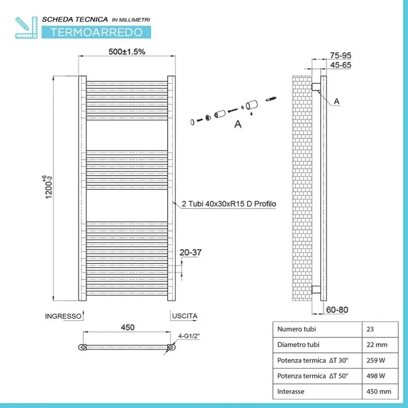 Termoarredo bagno scaldasalviette bianco L 50x120 interasse 45 cm