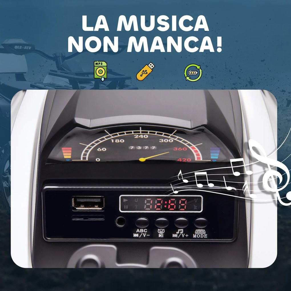 Quad Elettrico per Bambini 3-5 Anni 12V con Fari e Pedale Presa USB per Musica Bianco...