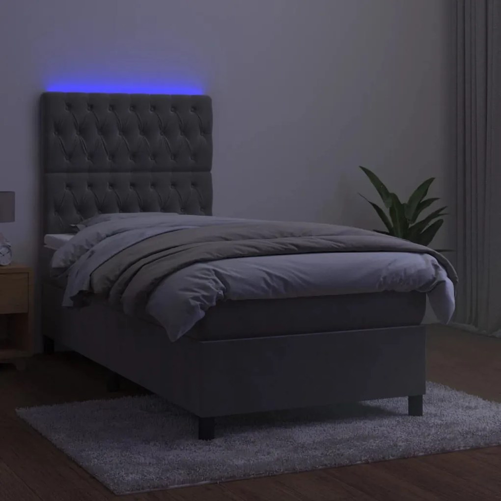 Letto a molle materasso e led grigio chiaro 90x190 cm velluto