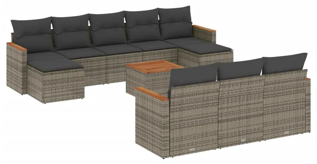 Set divani da giardino 11 pz con cuscini in polyrattan grigio