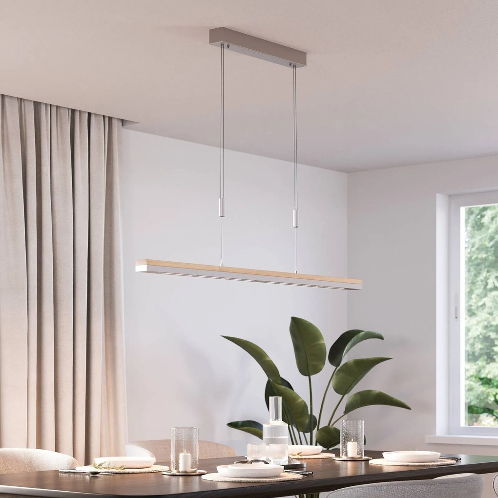 Lampada LED a sospensione Quitani Elna, lunghezza 118 cm, nichel