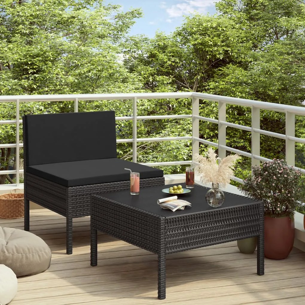 Set da giardino 2 pz con cuscini nero in polyrattan