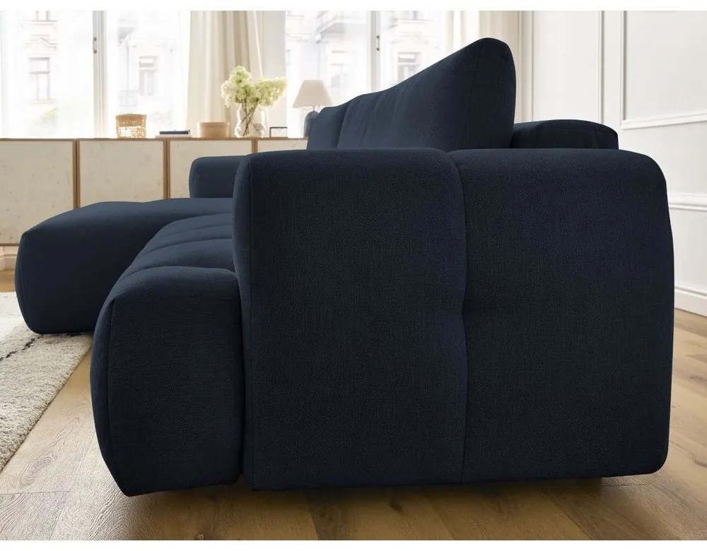 Divano angolare blu scuro allungabile e con contenitore (penisola a sinistra/chaise lounge) con rivestimento in ciniglia Fuji – Bobochic Paris