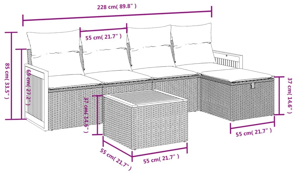 Set divano da giardino 6 pz con cuscini nero in polyrattan