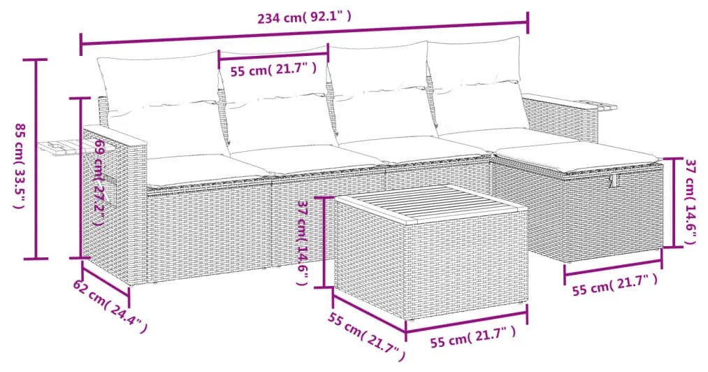 Set divano da giardino 6 pz con cuscini beige in polyrattan