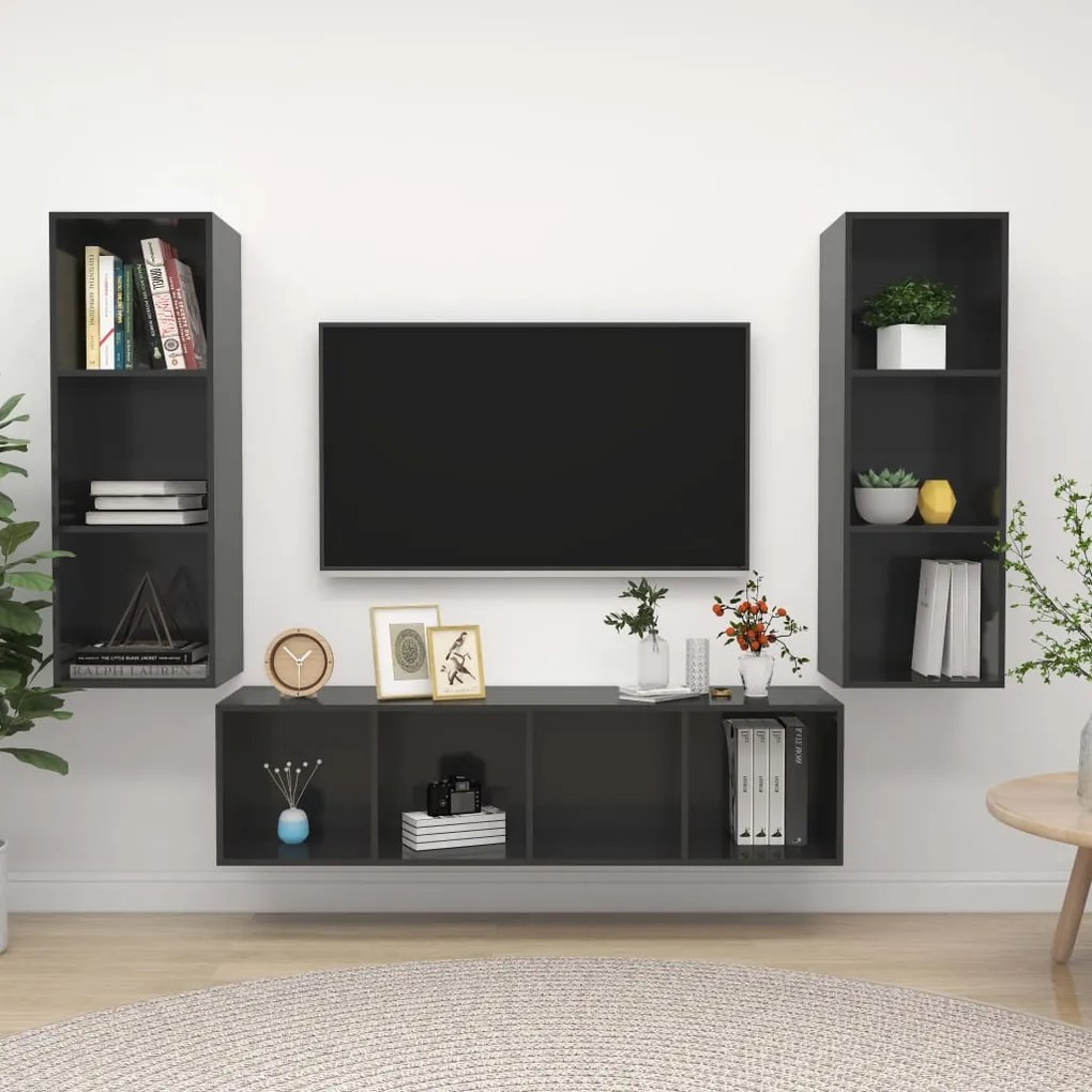 Set Mobile Tv 3 Pz Grigio Lucido İn Truciolato /