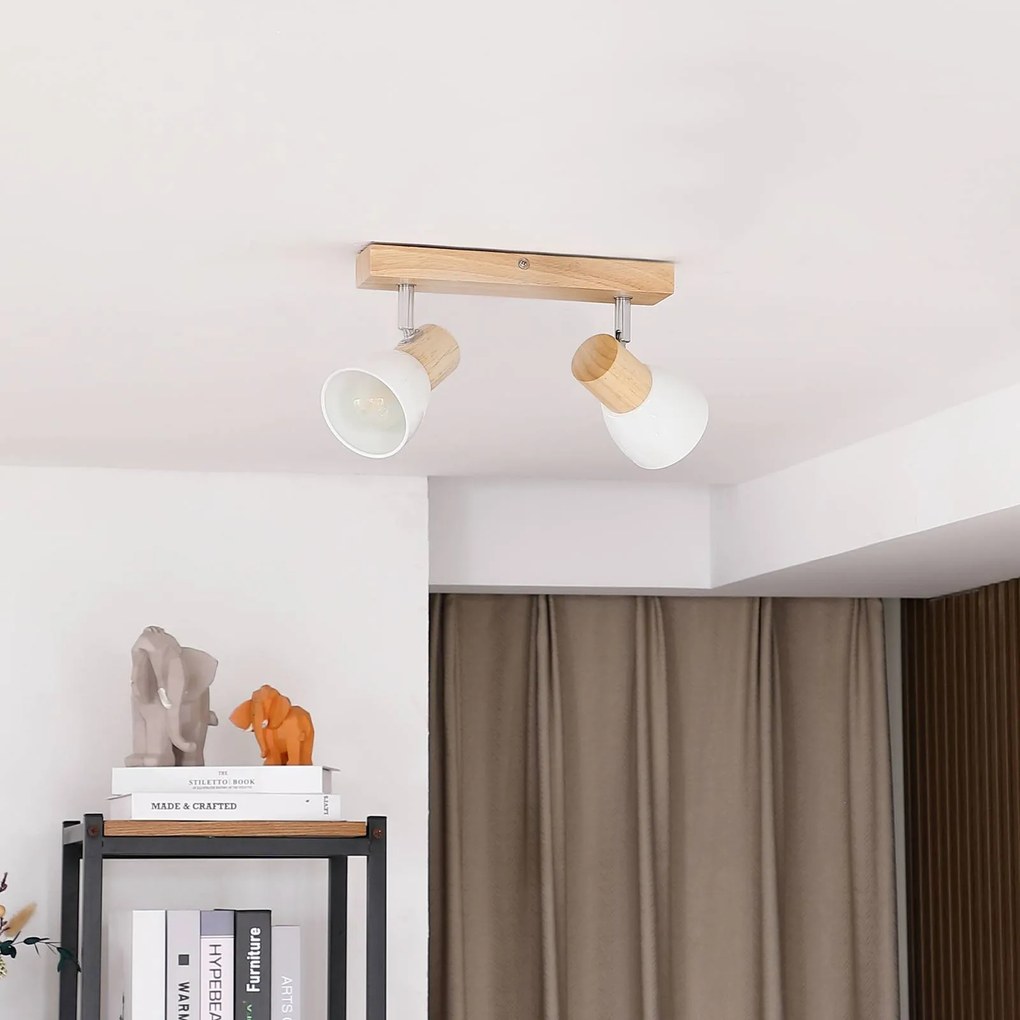 Plafoniera Lindby Thorin, 27 cm, a 2 luci, bianco, legno, E14 Thorin Lindby, dimmerabile, Legno chiaro, Soggiorno / Sala da pranzo, Legno, Scandinavo, Faretto