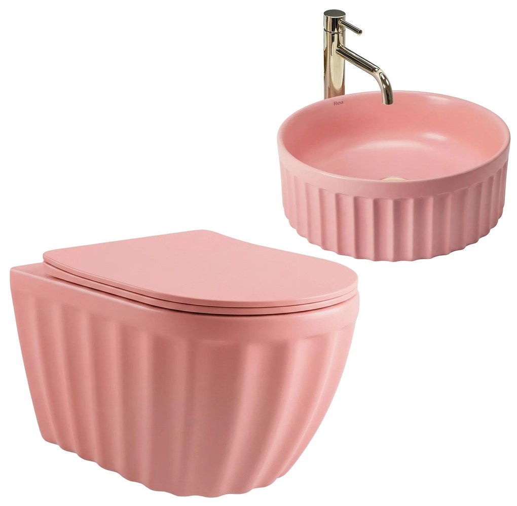 Set: WC sospeso + Lavabo da appoggio Rea Duo Sweet Pink Matt