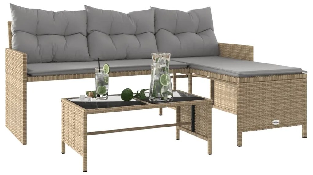 Divano giardino con tavolo e cuscini a l beige misto polyrattan