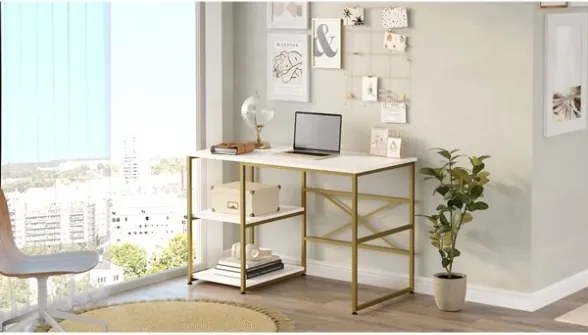 Scrivania Industrial Con Ripiani Laterali 120x60x75H Oro E Bianco Voyage