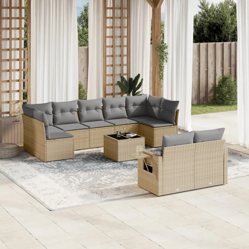 Set divano da giardino 10 pz con cuscini beige in polyrattan