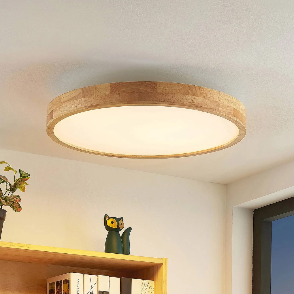 Plafoniera LED Lindby Lanira Ø 60 cm, legno di quercia, CCT