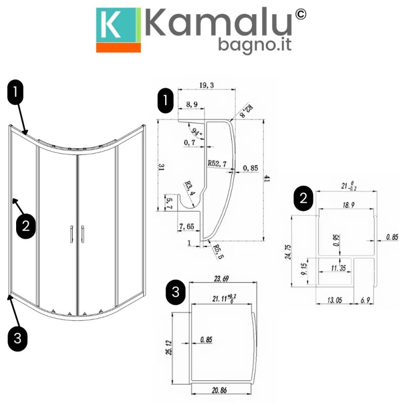 Kamalu - Box doccia basso 80x80cm semicircolare altezza 170cm | CHIARA CURV-Q