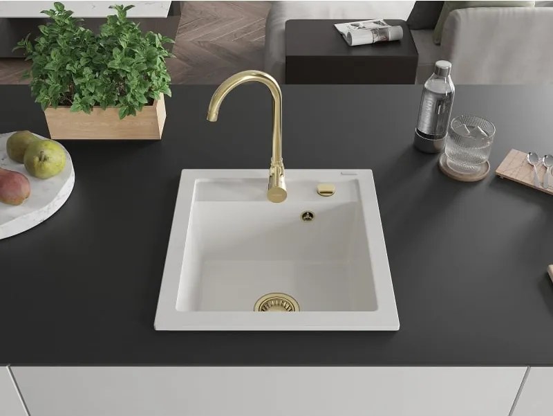 Mexen Vito lavello da cucina in granito 1-vasca 520 x 490 mm, bianco, sifone dorato - 6503521000-20-G