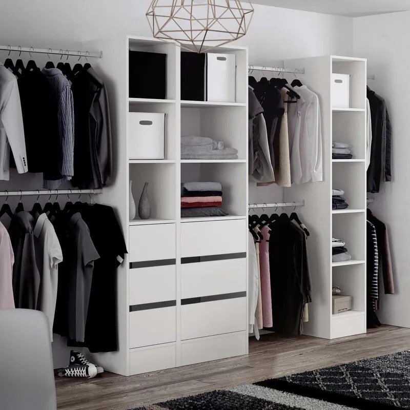 Kit cabina armadio colonna con barra 3 ripiani 3 cassetti in truciolare 45 x 200 x 50 cm bianco
