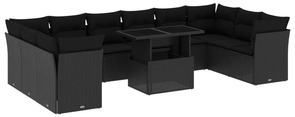 Set divani da giardino 11 pz con cuscini in polyrattan nero