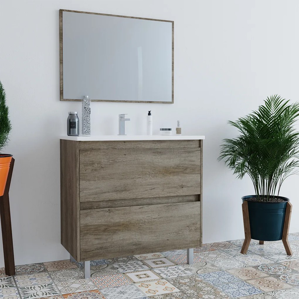 Mobile bagno 80 cm a terra lavabo ceramica specchio 2 cassetti rovere 305040H