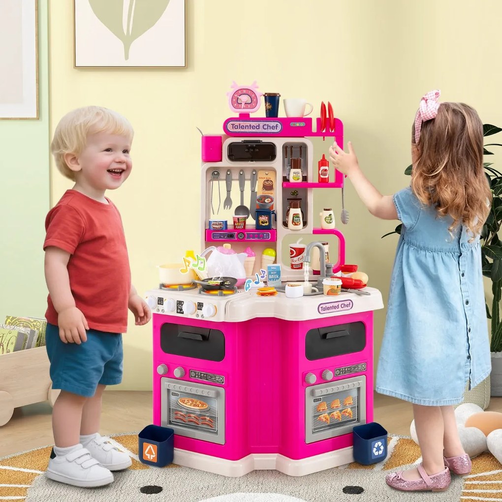Costway Cucina da gioco angolare con 75 accessori per bambini 3+ anni, Cucinetta in legno con suoni e luci realistici 2 Colori