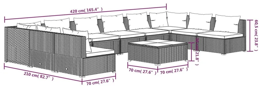 Set Divani da Giardino 11 pz con Cuscini in Polyrattan Marrone