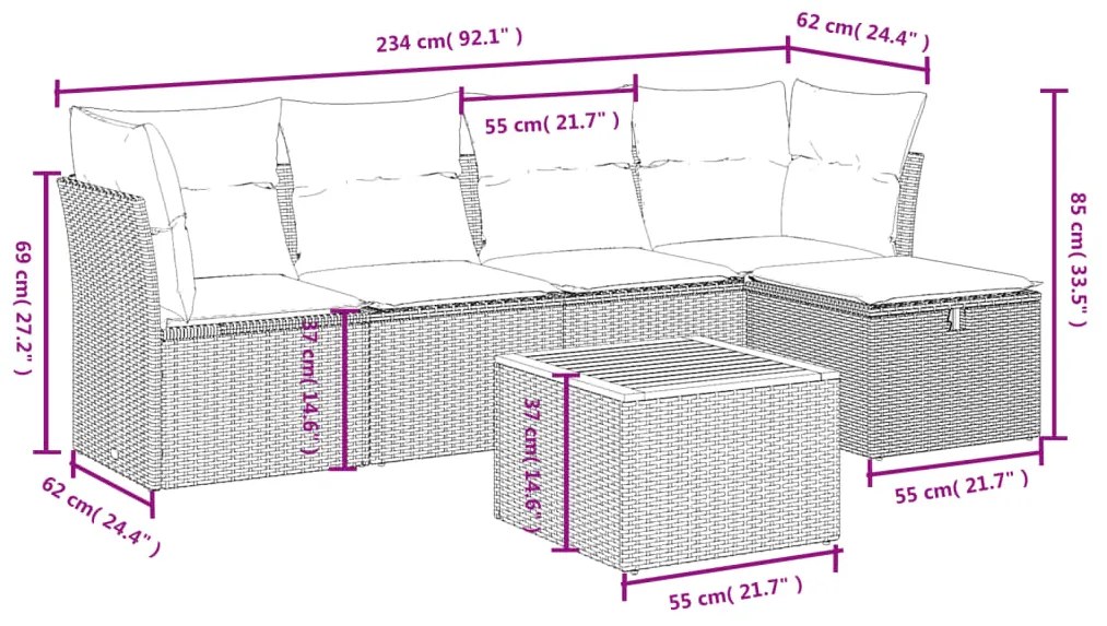 Set Divano da Giardino 6 pz con Cuscini Grigio in Polyrattan