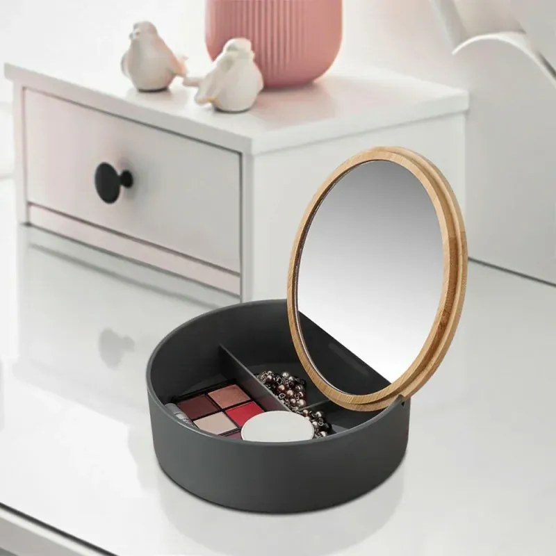 Porta trucchi da bagno tondo in plastica grigia e bamboo completo di specchio
