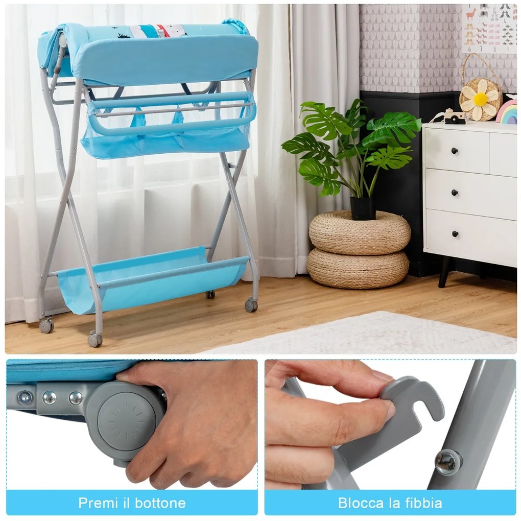 Costway Fasciatoio pieghevole per bambini con cesto ampio e mensola, Organizer nursery con ruote bloccabili Blu