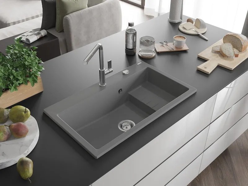 Mexen Omar lavello in granito 1-vasca 800 x 480 mm, grigio, sifone cromato - 6520801005-71