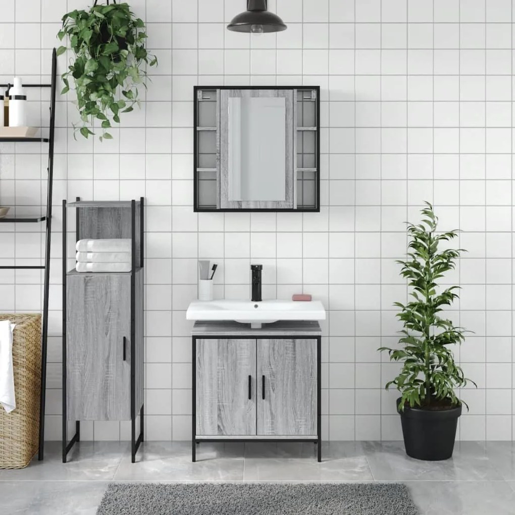 Set mobili da bagno 3 pz grigio sonoma in legno multistrato