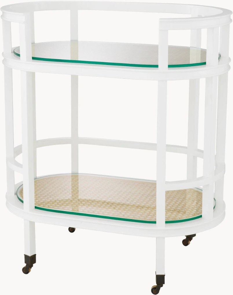 Carrello bar in legno di mogano con ripiani in vetro e rattan Bahamas