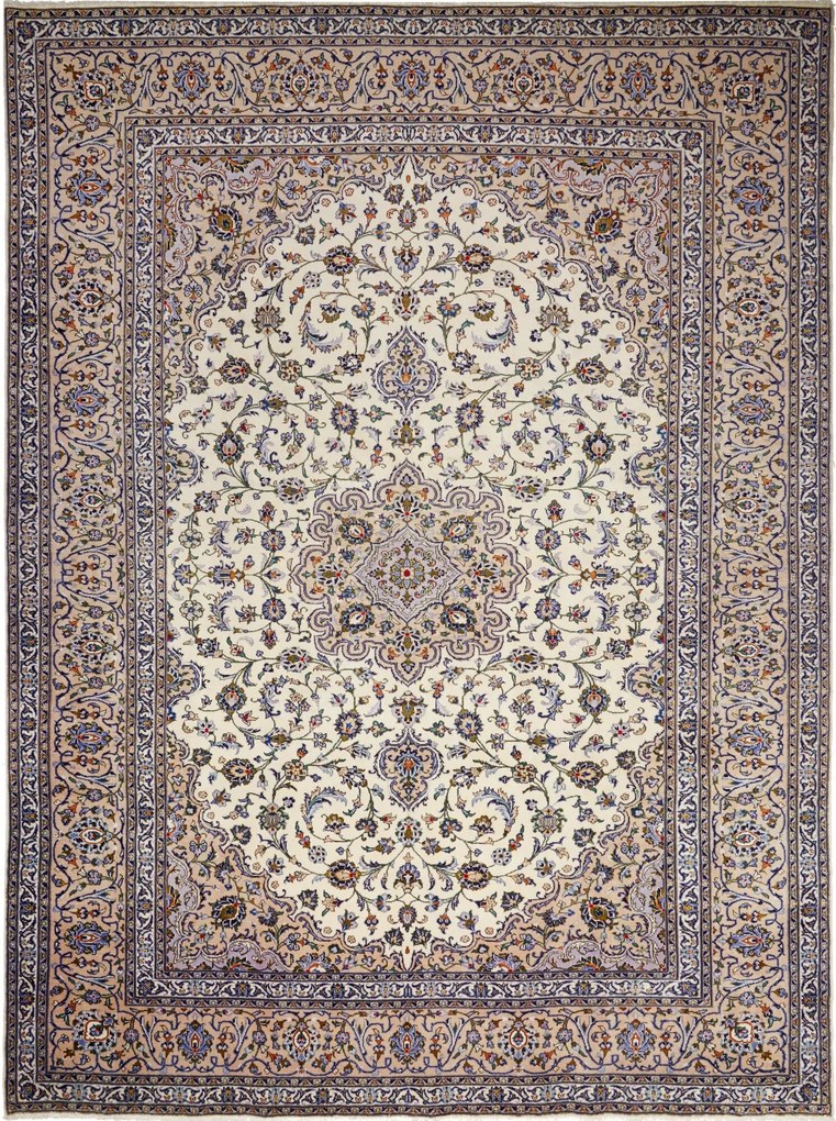 Kashan Tappeto 380x280 Beige (Iran) Annodato A Mano