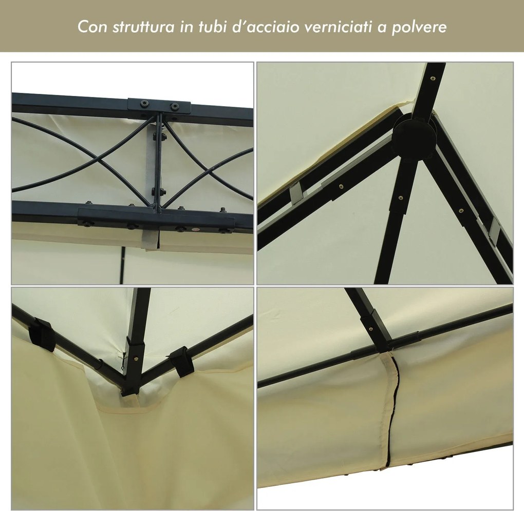 Gazebo da Giardino 3x4m in Acciaio Teli Laterali e Doppio Tetto Crema...