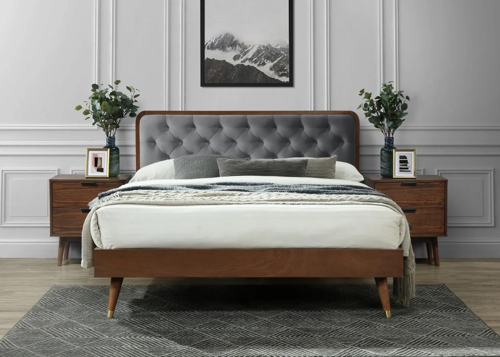 Letto Cassidy 140 in tessuto grigio e legno noce – 140x200 cm