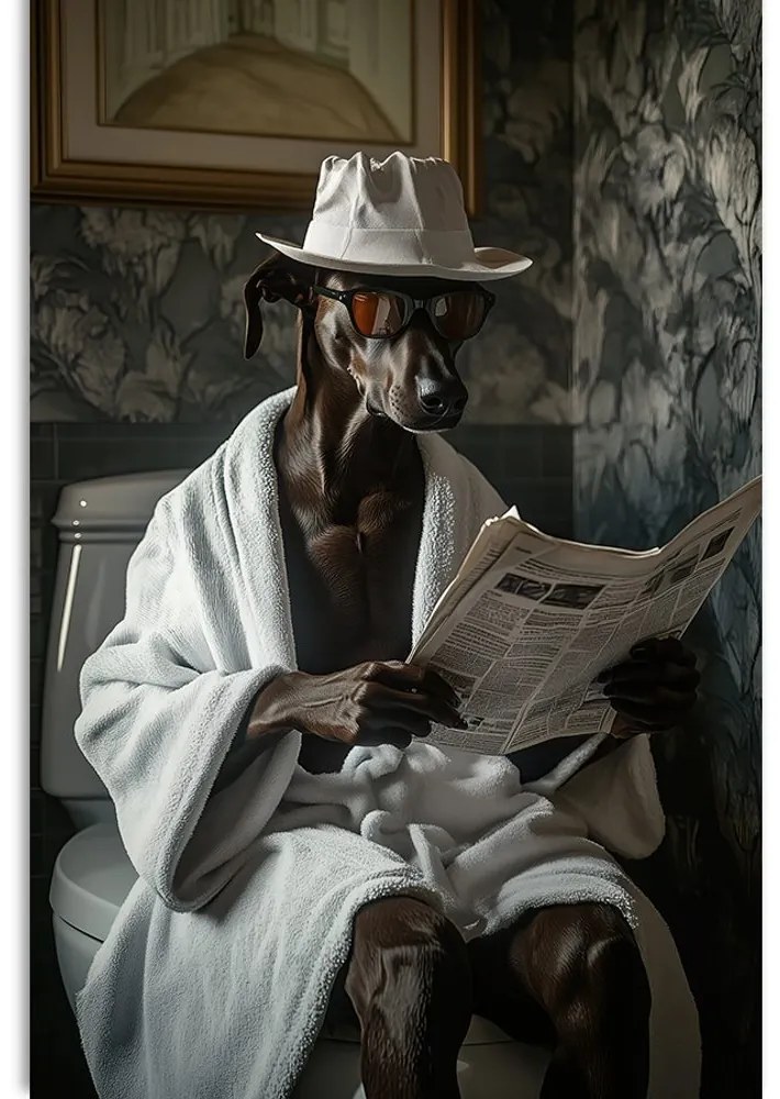 Quadro su tela – Cane con giornale in bagno