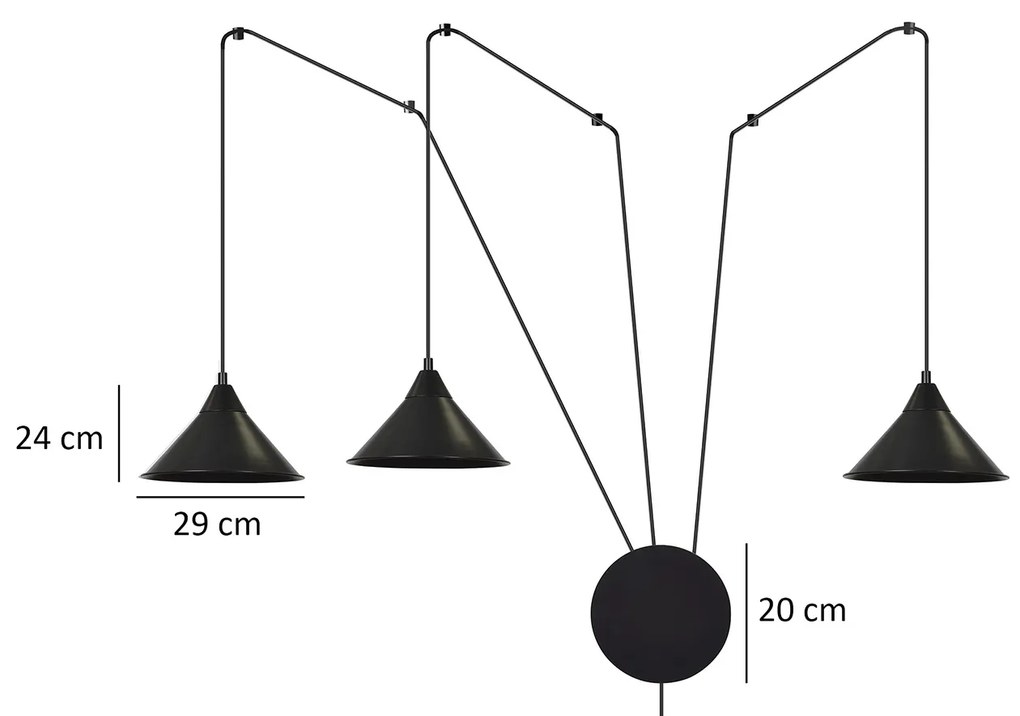 Sospensione Minimal 3 Luci Fujin In Acciao Nero E Paralume A Cono