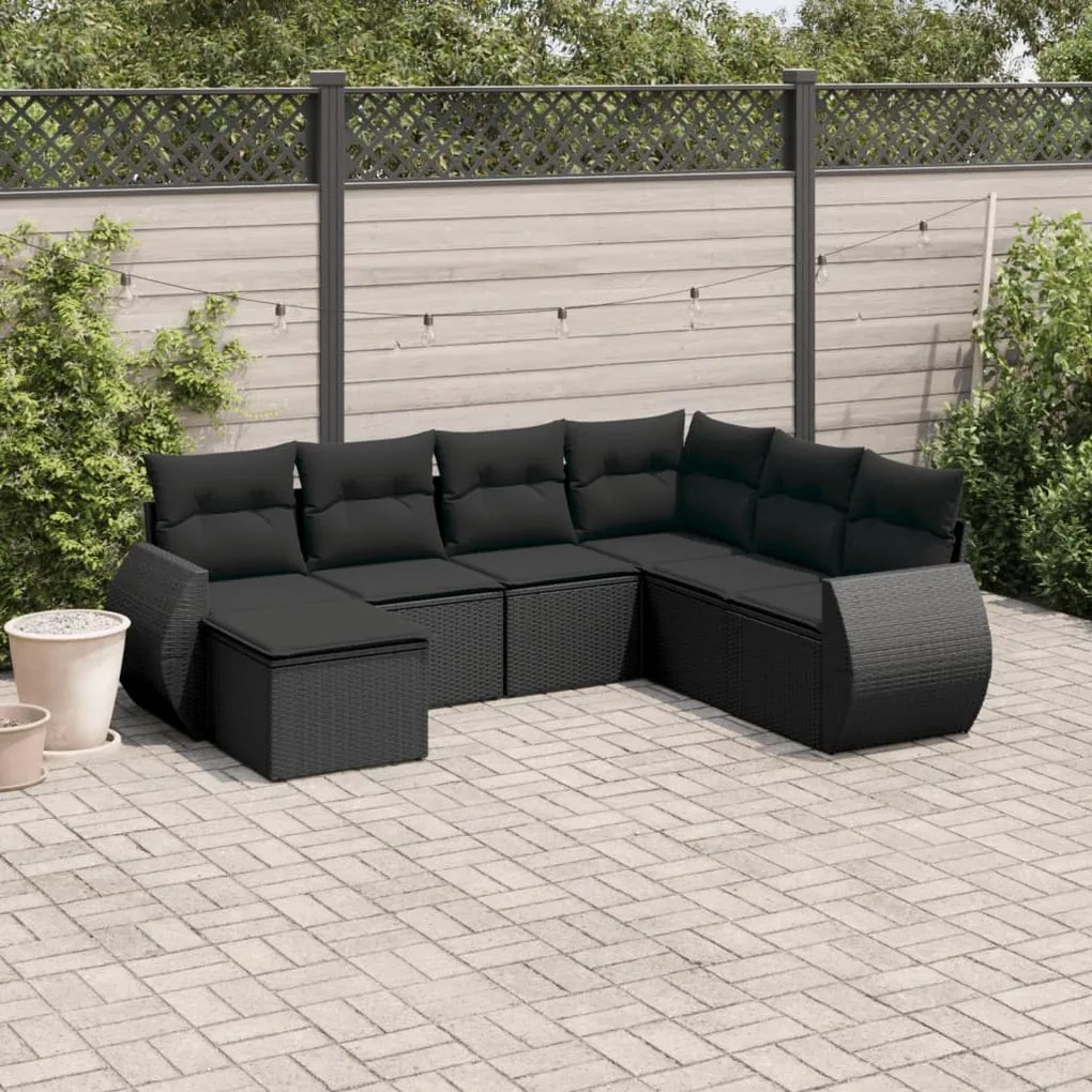 Set divani da giardino con cuscini 7pz nero polyrattan