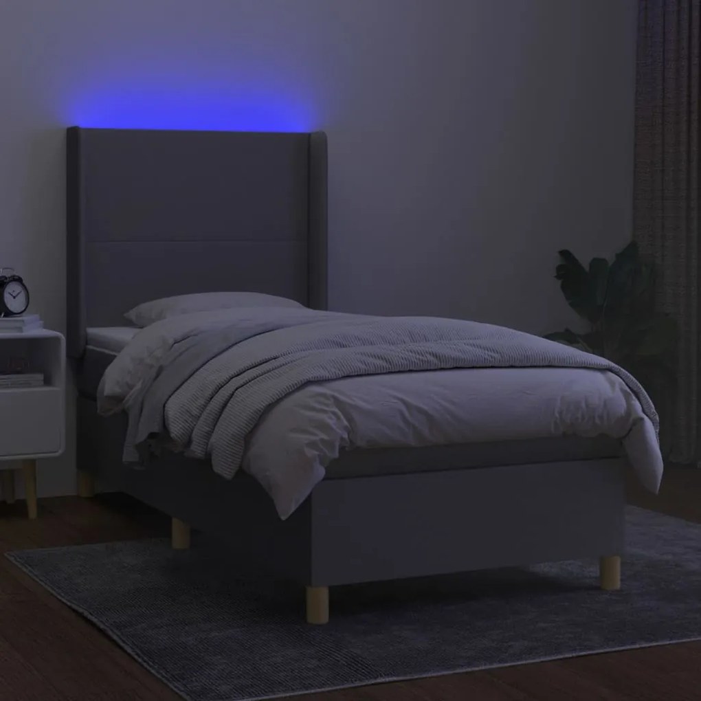 Letto a molle materasso e led grigio chiaro 80x200 cm tessuto