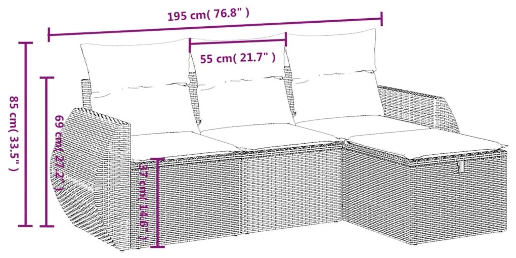 Set divano da giardino 4pz con cuscini grigio chiaro polyrattan