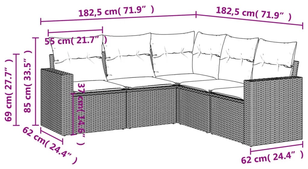 Set divani da giardino 5 pz con cuscini in polyrattan nero