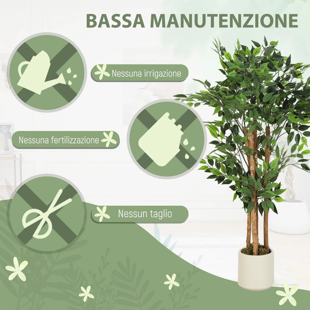 Pianta Artificiale di Baniano Alta 120 cm Verde in PEVA e Legno con Vaso Contenitore in PP e Cemento Bianco...