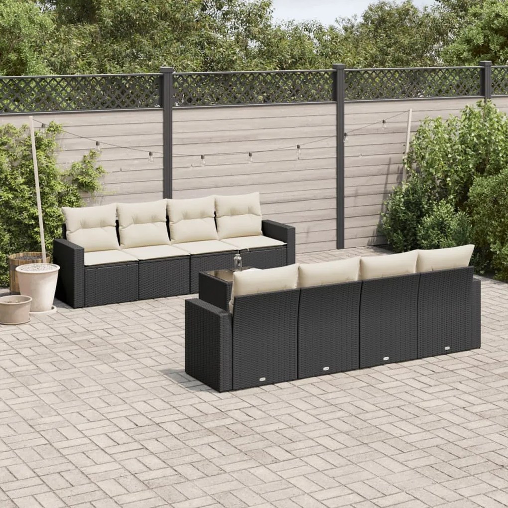 Set divani da giardino 9 pz con cuscini nero in polyrattan