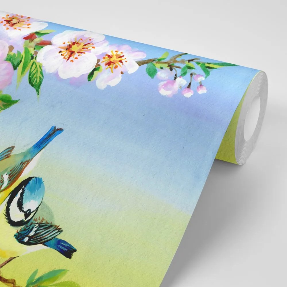 Carta da parati – Cinciallegre e fiori in fiore