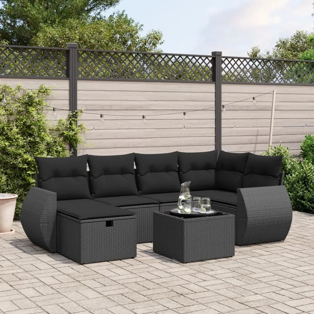 Set divani da giardino con cuscini 7pz nero polyrattan