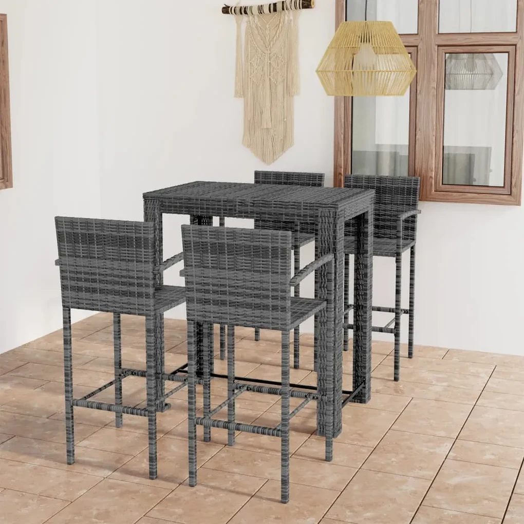 Set bar da giardino 5 pz con braccioli in polyrattan grigio