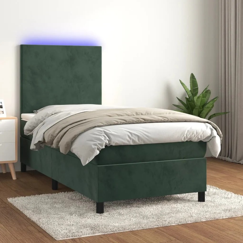 Letto a molle con materasso e led verde scuro 90x200cm velluto