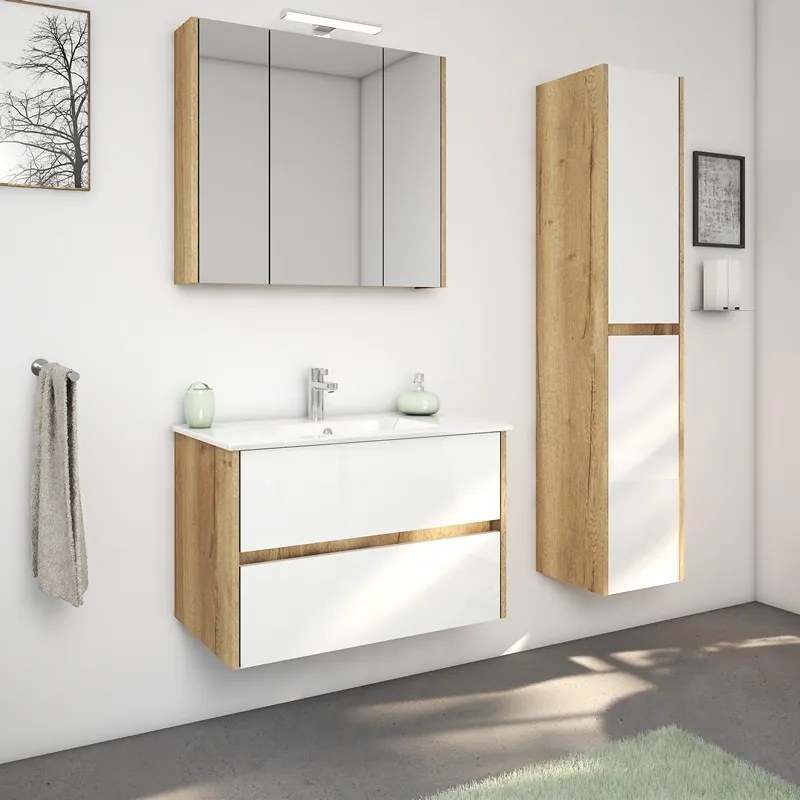Kamalu - Composizione bagno 80 cm rovere naturale e bianco lucido | LAC-AMFI-80RB
